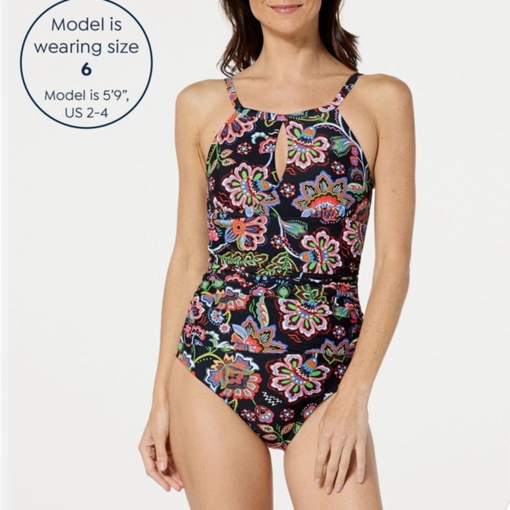 Kathy Ireland 1-piece Shirred High Neck Keyhole Swimsuit And Swim Sarong Size S2